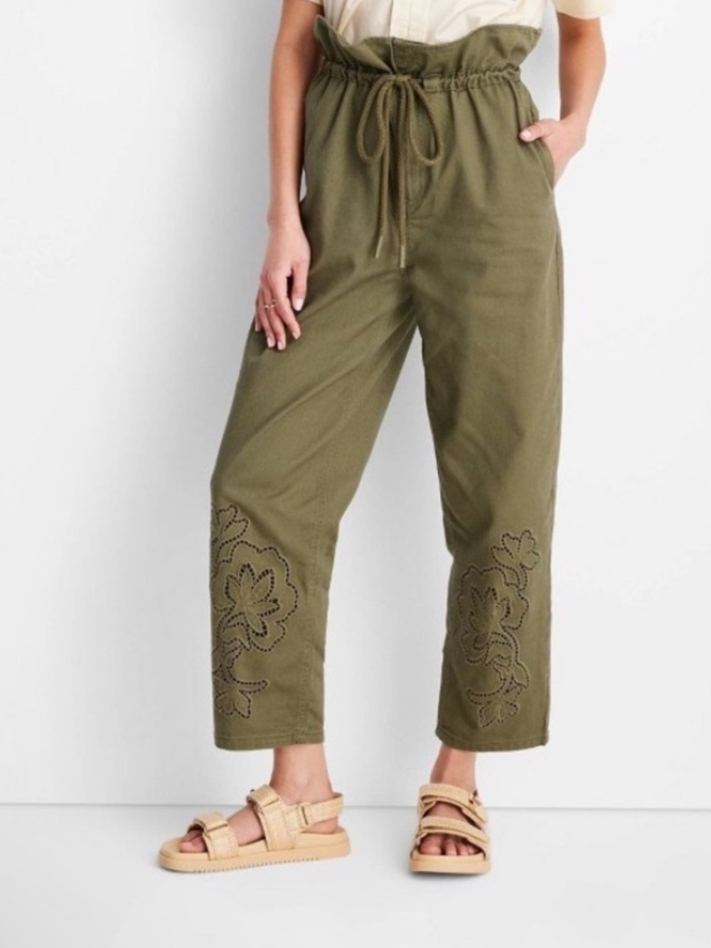 High-Waisted Eyelet Pants Future Collective Jenny K. Lopez Olive Green 12